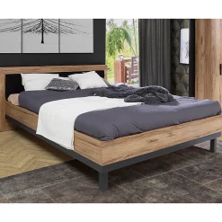Lit 160 x 200 cm avec tête de lit décor bois chêne et noir - KAMILA>Meubletmoi New