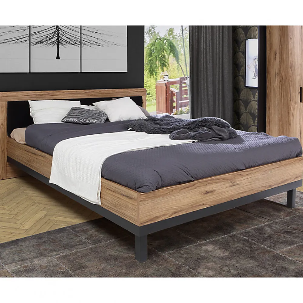 Lit 160 x 200 cm avec tête de lit décor bois chêne et noir - KAMILA>Meubletmoi New