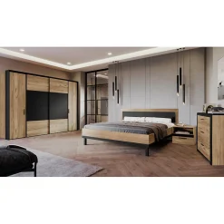 Lit 160 x 200 cm avec tête de lit décor bois chêne et noir - KAMILA><noscript><img width=