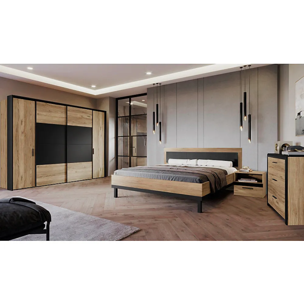 Lit 160 x 200 cm avec tête de lit décor bois chêne et noir - KAMILA>Meubletmoi New