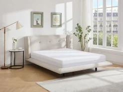 Vente-unique Lit 140 x 190 cm avec tête de lit capitonnée - Tissu - Beige - PENAVI* Lit Double