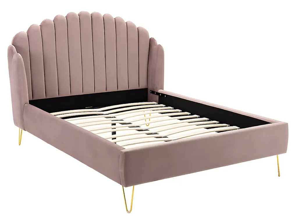 Vente-unique Lit 140 x 190 cm avec tête de lit ondulée - Velours - Vieux rose + Matelas - SAGALI* Lit Double