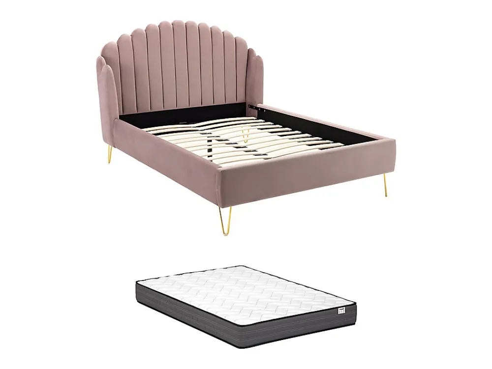 Vente-unique Lit 140 x 190 cm avec tête de lit ondulée - Velours - Vieux rose + Matelas - SAGALI* Lit Double