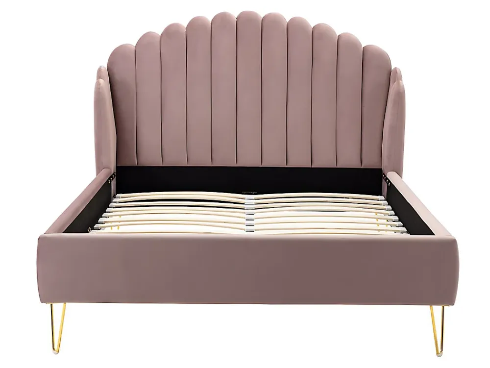 Vente-unique Lit 140 x 190 cm avec tête de lit ondulée - Velours - Vieux rose + Matelas - SAGALI* Lit Double