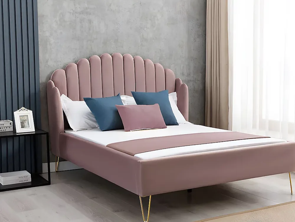 Vente-unique Lit 140 x 190 cm avec tête de lit ondulée - Velours - Vieux rose + Matelas - SAGALI* Lit Double