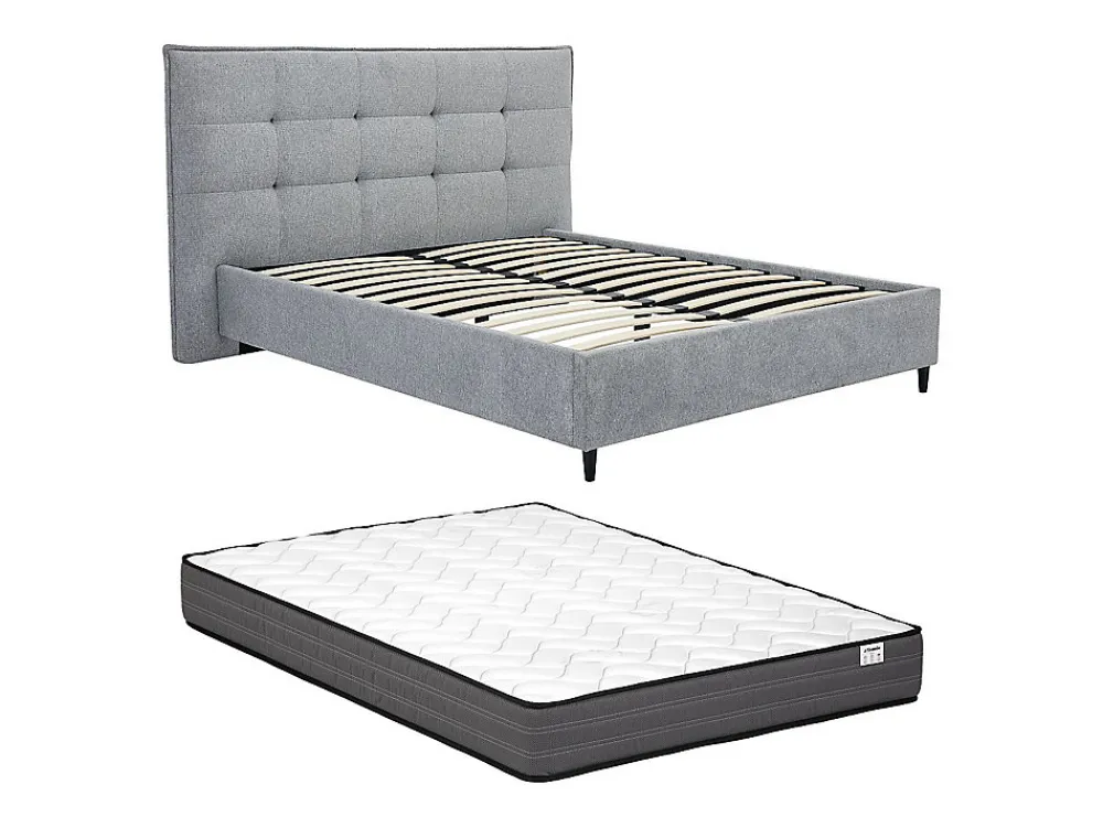 Lit 180 x 200 cm avec tête de lit capitonnée - Tissu - Gris + Matelas - NIRPIO>Vente-unique New