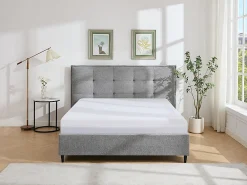 Lit 180 x 200 cm avec tête de lit capitonnée - Tissu - Gris + Matelas - NIRPIO><noscript><img width=
