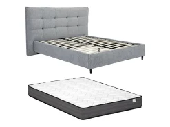 Lit 180 x 200 cm avec tête de lit capitonnée - Tissu - Gris + Matelas - NIRPIO><noscript><img width=