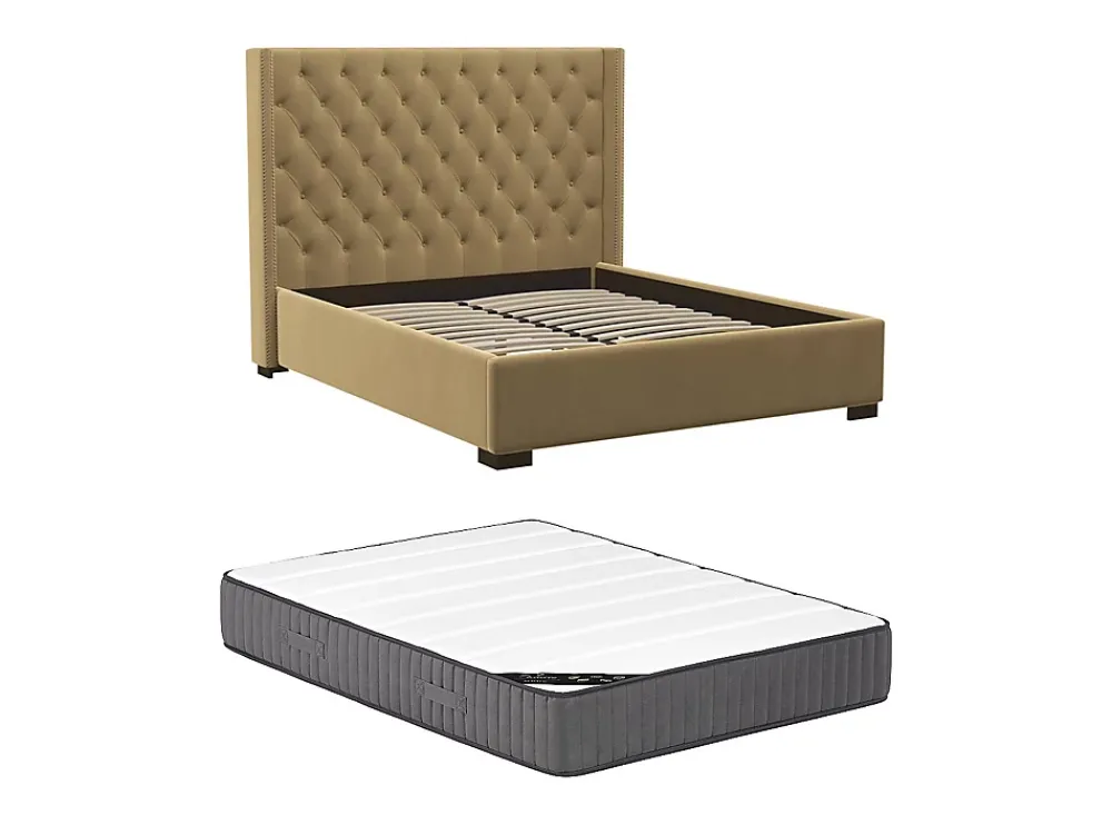 Vente-unique Lit 180 x 200 cm avec tête de lit capitonnée - Tissu - Beige + Matelas - MASSIMO II* Lit Double