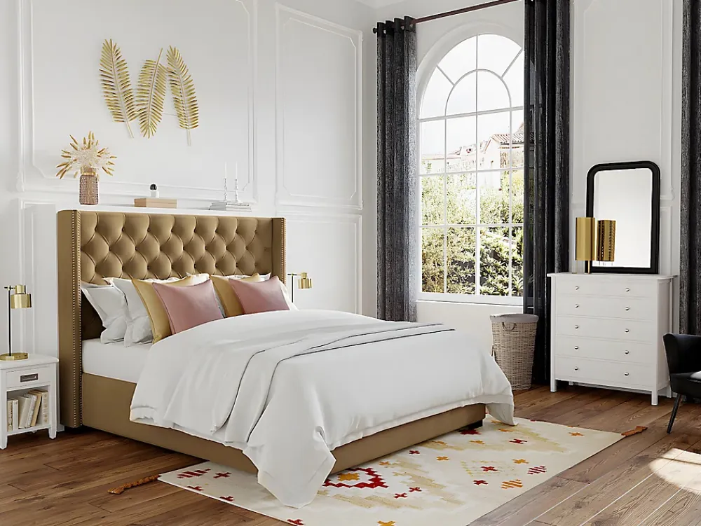 Vente-unique Lit 180 x 200 cm avec tête de lit capitonnée - Tissu - Beige + Matelas - MASSIMO II* Lit Double
