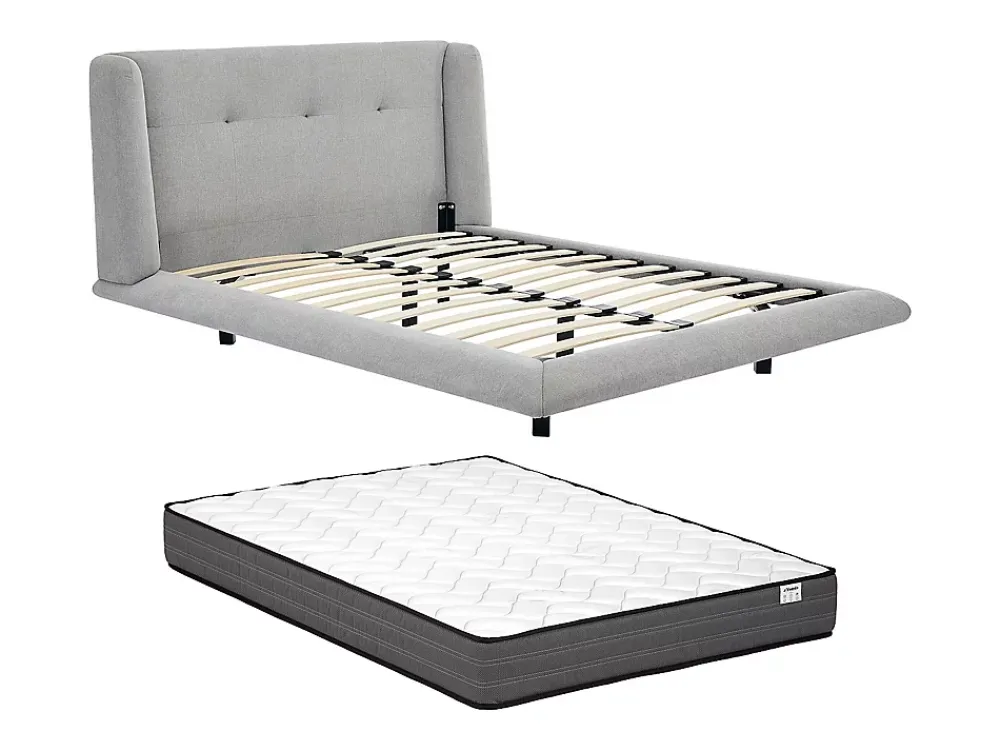 Vente-unique Lit 160 x 200 cm avec tête de lit capitonnée - Tissu - Gris clair + Matelas - PENAVI* Lit Double