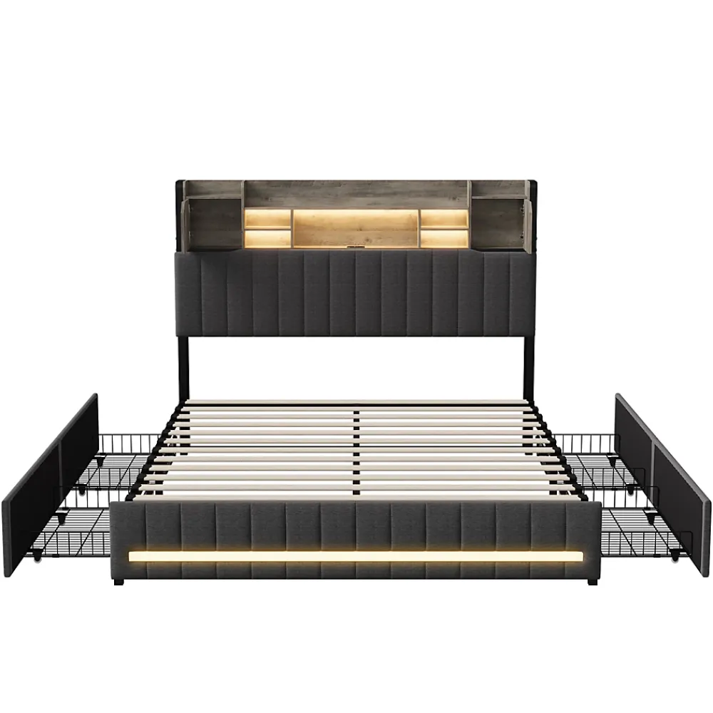 Simple Life Lit 140 x 190 cm avec tête de lit LED et USB, 4 tiroirs de rangement, sommier à lattes, lin, gris* Lit Coffre