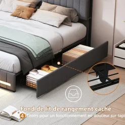 Simple Life Lit 140 x 190 cm avec tête de lit LED et USB, 4 tiroirs de rangement, sommier à lattes, lin, gris* Lit Coffre
