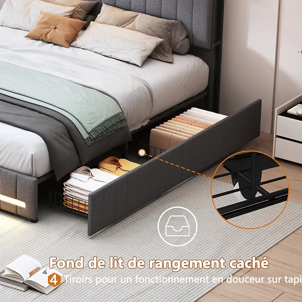 Simple Life Lit 140 x 190 cm avec tête de lit LED et USB, 4 tiroirs de rangement, sommier à lattes, lin, gris* Lit Coffre