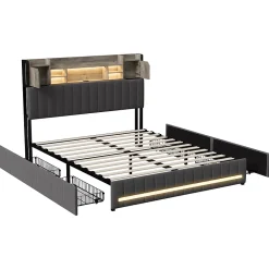 Simple Life Lit 140 x 190 cm avec tête de lit LED et USB, 4 tiroirs de rangement, sommier à lattes, lin, gris* Lit Coffre