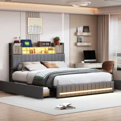 Simple Life Lit 140 x 190 cm avec tête de lit LED et USB, 4 tiroirs de rangement, sommier à lattes, lin, gris* Lit Coffre