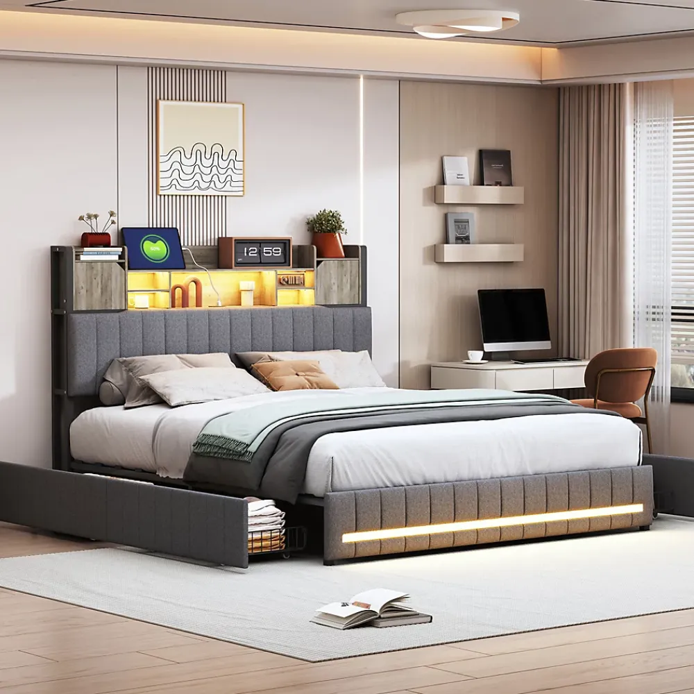 Simple Life Lit 140 x 190 cm avec tête de lit LED et USB, 4 tiroirs de rangement, sommier à lattes, lin, gris* Lit Coffre