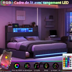Simple Life Lit 140 x 190 cm avec tête de lit LED et USB, 4 tiroirs de rangement, sommier à lattes, lin, gris* Lit Coffre