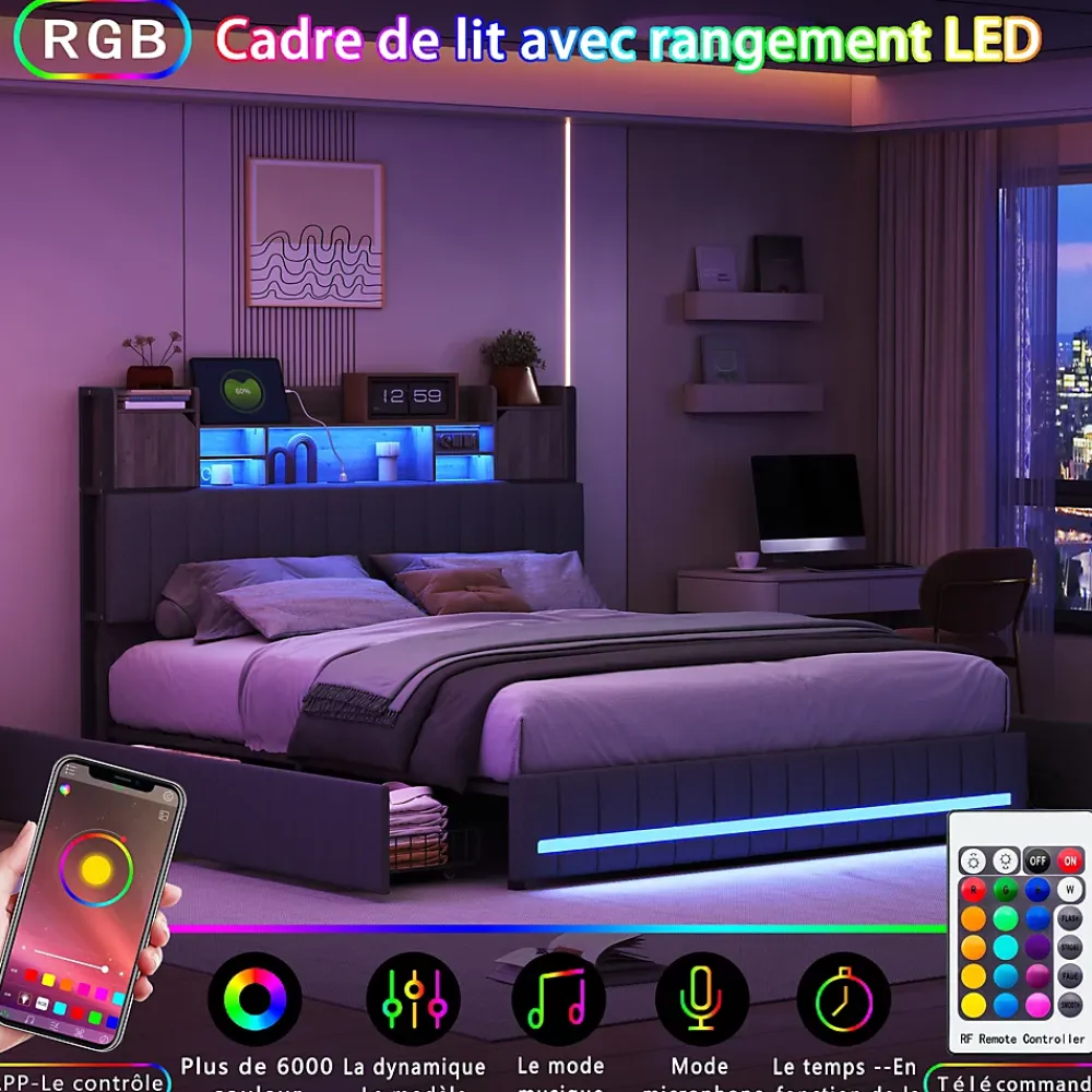 Simple Life Lit 140 x 190 cm avec tête de lit LED et USB, 4 tiroirs de rangement, sommier à lattes, lin, gris* Lit Coffre