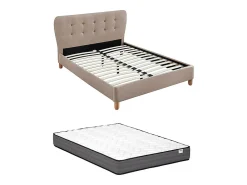 Lit 160 x 200 cm avec tête de lit capitonnée - Tissu - Beige + Matelas - ELIDE>Vente-unique Best
