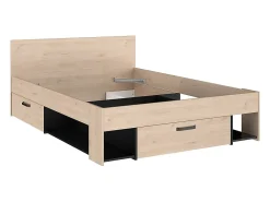 Lit 140 x 190/200 cm avec tête de lit et rangements - Coloris : Naturel et noir + Sommier - KINSELIA>Vente-unique Best