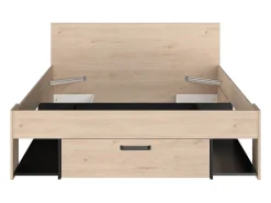 Lit 140 x 190/200 cm avec tête de lit et rangements - Coloris : Naturel et noir + Sommier - KINSELIA><noscript><img width=