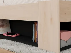 Lit 140 x 190/200 cm avec tête de lit et rangements - Coloris : Naturel et noir + Sommier - KINSELIA><noscript><img width=