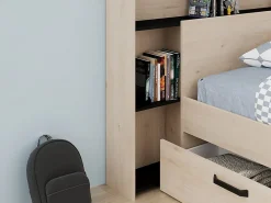 Lit 140 x 190/200 cm avec tête de lit et rangements - Coloris : Naturel et noir + Sommier - KINSELIA><noscript><img width=