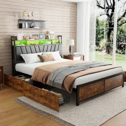 Lit 180 x 200 cm avec tête de lit, 4 tiroirs, LED et station de charge - noir>ProximaX