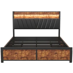 Lit 180 x 200 cm avec tête de lit, 4 tiroirs, LED et station de charge - noir><noscript><img width=
