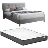 Vente-unique Lit 140 x 190 cm avec tête de lit capitonnée - Tissu - Gris + Matelas - ELIDE* Lit Double