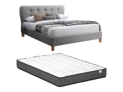 Vente-unique Lit 140 x 190 cm avec tête de lit capitonnée - Tissu - Gris + Matelas - ELIDE* Lit Double
