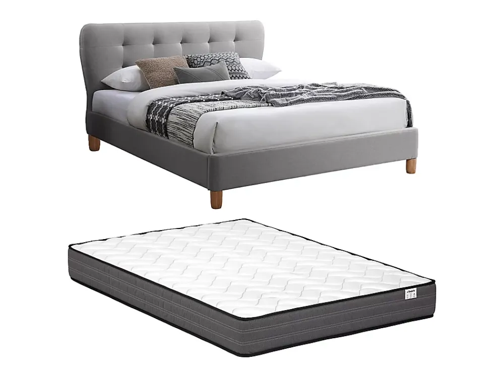 Vente-unique Lit 140 x 190 cm avec tête de lit capitonnée - Tissu - Gris + Matelas - ELIDE* Lit Double