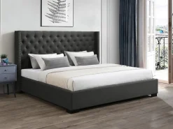 Lit 200 x 200 cm avec tête de lit capitonnée - Tissu - Gris - MASSIMO><noscript><img width=