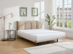 Vente-unique Lit 180 x 200 cm avec tête de lit capitonnée - Velours - Beige - NISATIO* Lit Double
