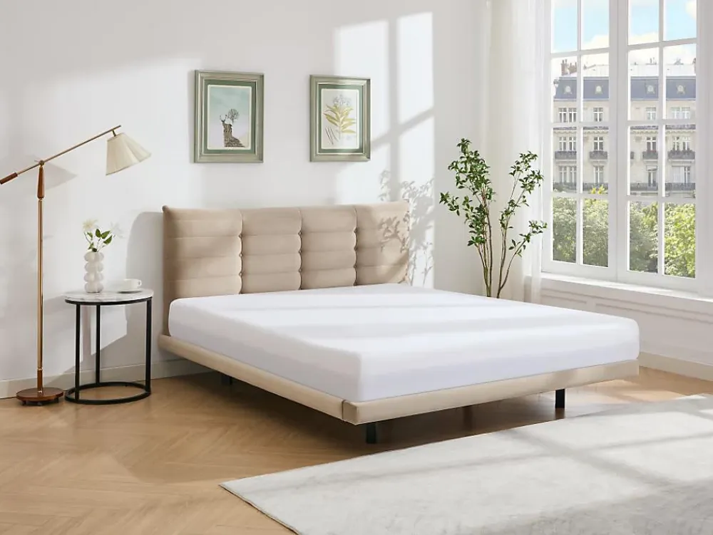 Vente-unique Lit 180 x 200 cm avec tête de lit capitonnée - Velours - Beige - NISATIO* Lit Double