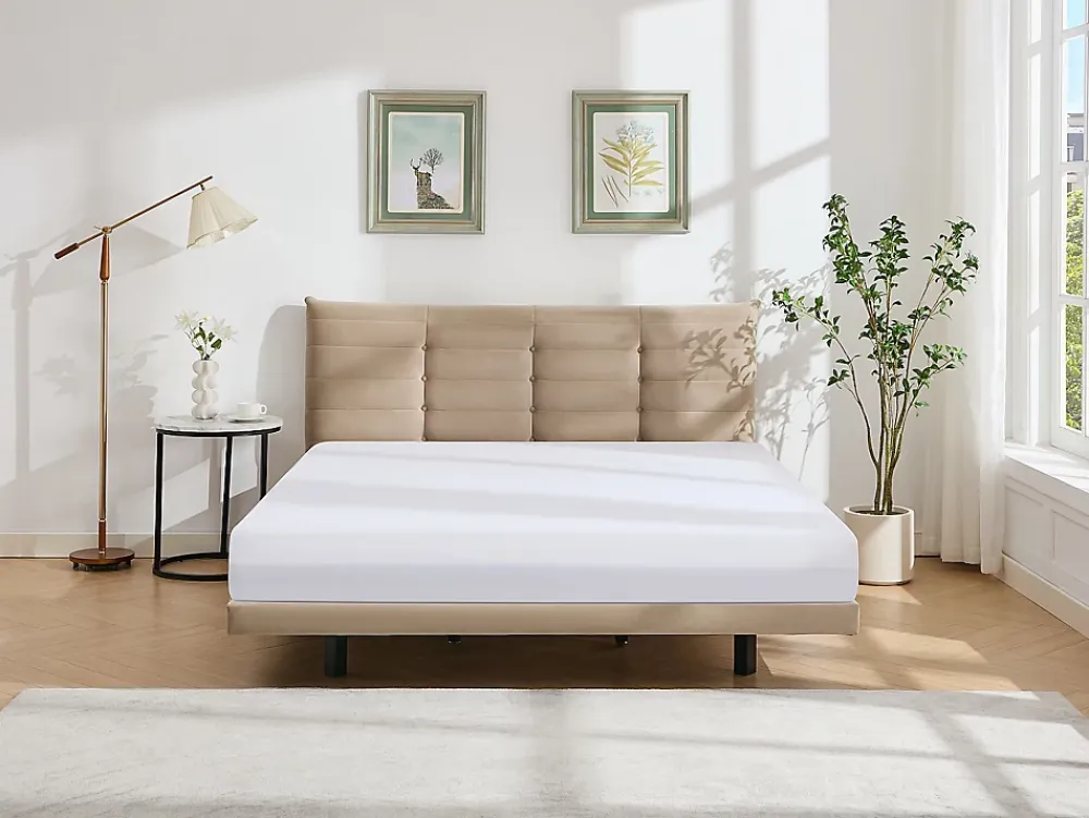 Vente-unique Lit 180 x 200 cm avec tête de lit capitonnée - Velours - Beige - NISATIO* Lit Double