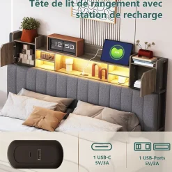 Simple Life Lit 160 x 200 cm avec tête de lit LED et USB, 4 tiroirs de rangement, sommier à lattes, lin, gris* Lit Coffre