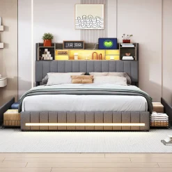 Simple Life Lit 160 x 200 cm avec tête de lit LED et USB, 4 tiroirs de rangement, sommier à lattes, lin, gris* Lit Coffre