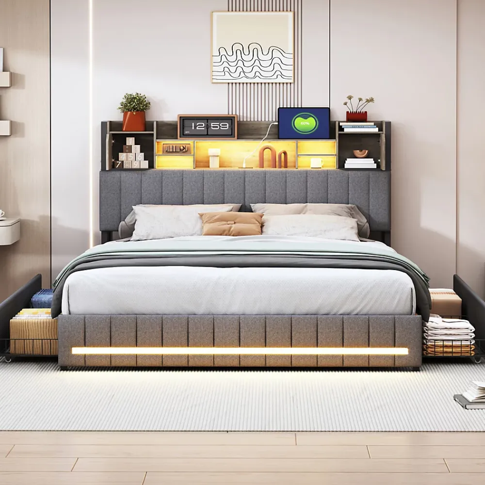 Simple Life Lit 160 x 200 cm avec tête de lit LED et USB, 4 tiroirs de rangement, sommier à lattes, lin, gris* Lit Coffre