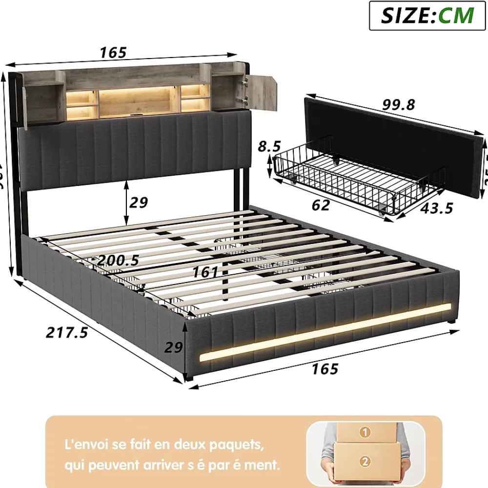 Simple Life Lit 160 x 200 cm avec tête de lit LED et USB, 4 tiroirs de rangement, sommier à lattes, lin, gris* Lit Coffre