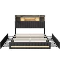 Simple Life Lit 160 x 200 cm avec tête de lit LED et USB, 4 tiroirs de rangement, sommier à lattes, lin, gris* Lit Coffre