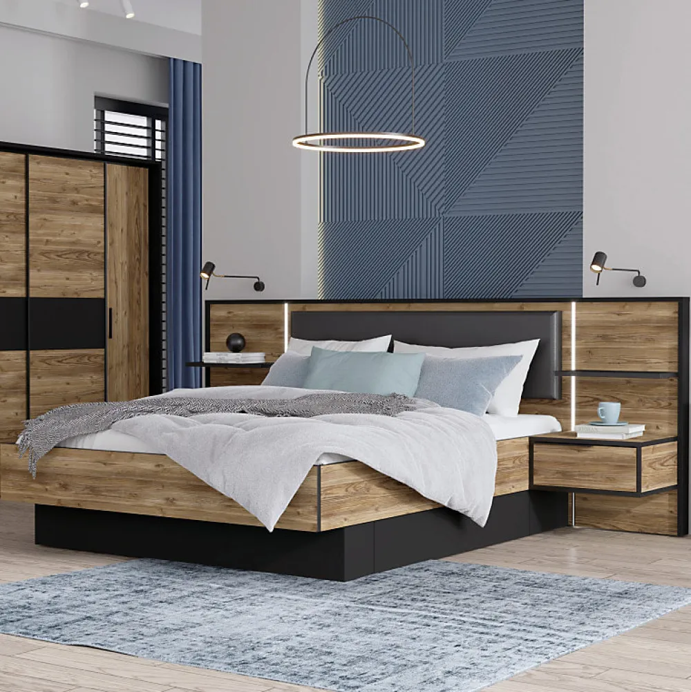 Lit 160 x 200 cm décor bois épicéa et noir avec éclairage LED - CELIA>Meubletmoi Discount