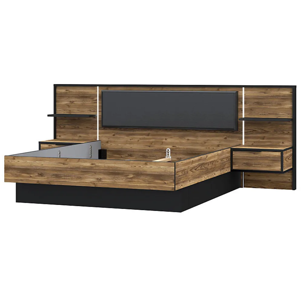 Lit 160 x 200 cm décor bois épicéa et noir avec éclairage LED - CELIA>Meubletmoi Discount