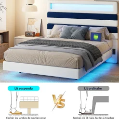 Lit 140 x 200 cm Design Flottant avec Éclairage LED Prise Port USB Cadre Velours ,sans Matelas>Fortuna lai Online