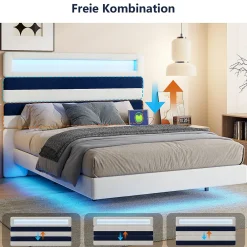 Lit 140 x 200 cm Design Flottant avec Éclairage LED Prise Port USB Cadre Velours ,sans Matelas><noscript><img width=