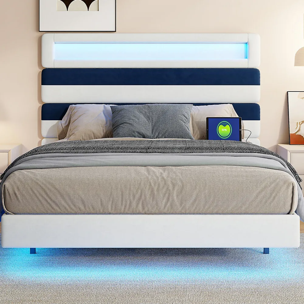 Lit 140 x 200 cm Design Flottant avec Éclairage LED Prise Port USB Cadre Velours ,sans Matelas>Fortuna lai Online