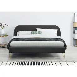 Concept Usine Lit 140 x 190 cm en velours et laiton gris - PHOENIX* Lit Double