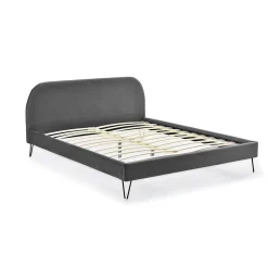 Concept Usine Lit 140 x 190 cm en velours gris et pieds noirs - PHOENIX* Lit Double