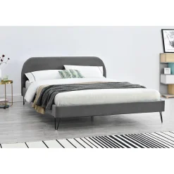 Concept Usine Lit 140 x 190 cm en velours gris et pieds noirs - PHOENIX* Lit Double